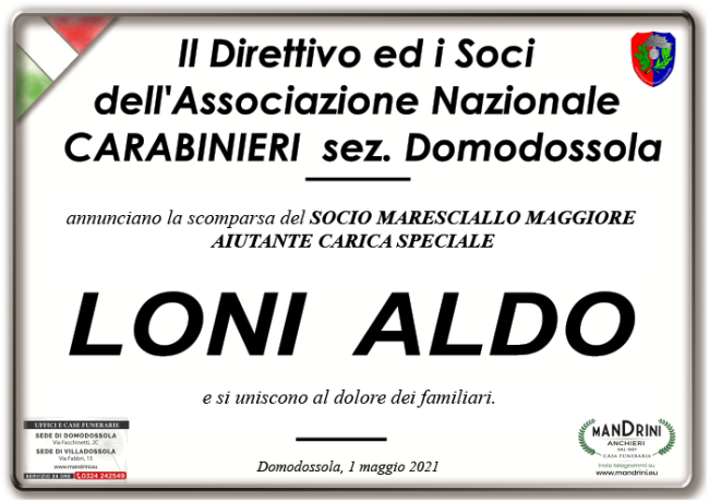 PARTECIPAZIONE CARABINIERI PER LONI ALDO