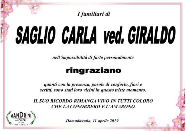 RINGRAZIAMENTO SAGLIO CARLA