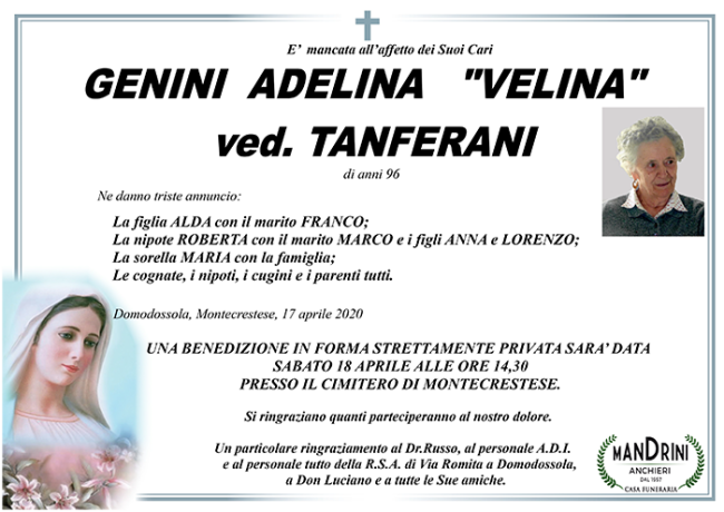 funebre GENINI ADELINA ved. TANFERANI