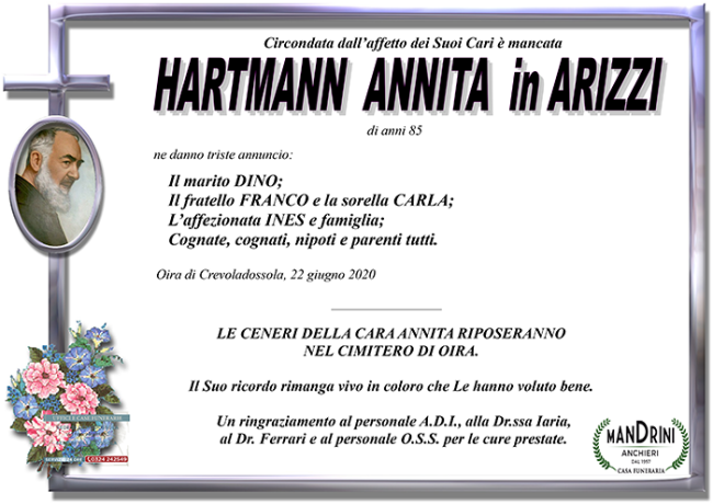 funebre HARTMANN ANNITA in ARIZZI