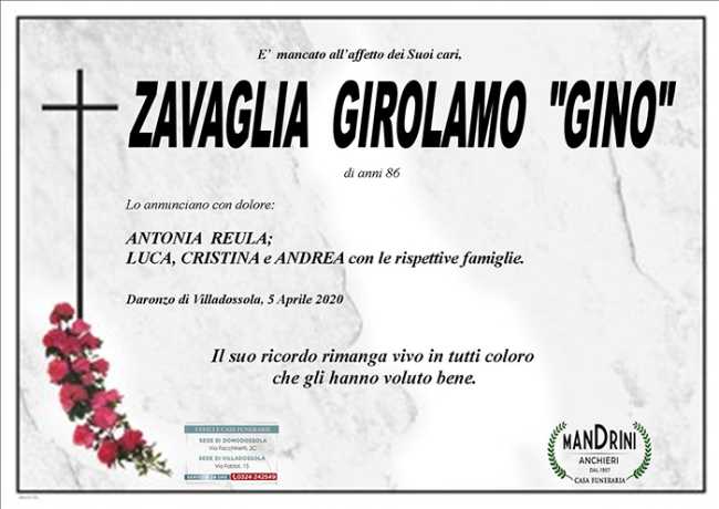 funebre ZAVAGLIA GIROLAMO