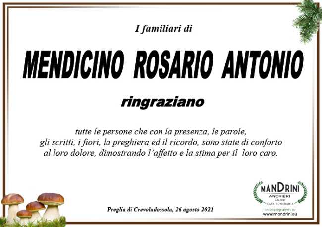 ringraziamento MENDICINO ROSARIO ANTONIO