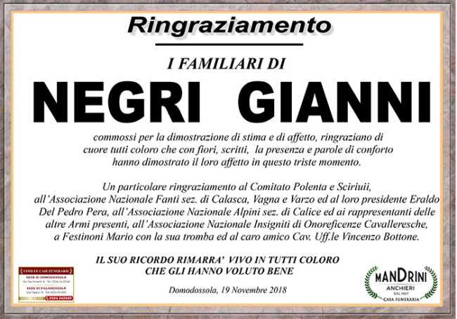 ringraziamento negri gianni