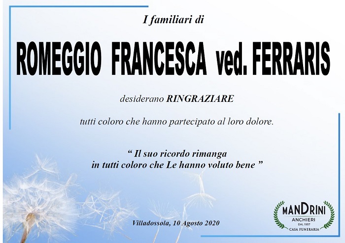 Ringraziamenti per Romeggio Francesca ved. Ferraris
