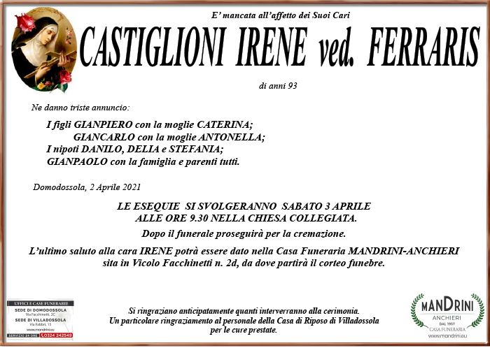funebre CASTIGLIONI IRENE