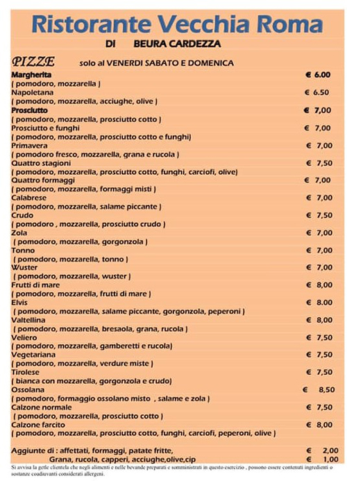 menu vecchia roma beura